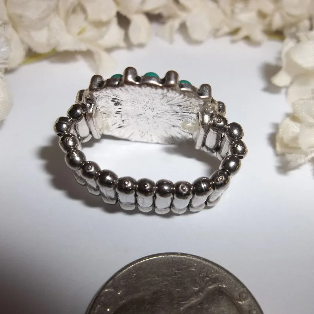 Teal Green and Silver Ring Adjustable Size Stretch Band Southwestern Style A945 - Picture 4 of 5